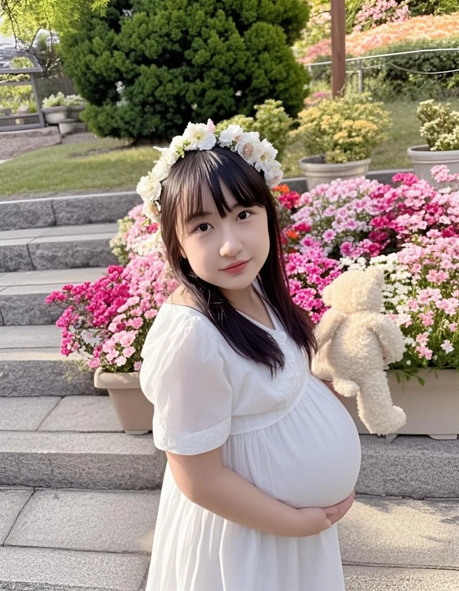 1 girl, lewd, white t shirt, demon horns, wings, black wings, standing on the lake, pregnant, holding a kid, holding a baby
