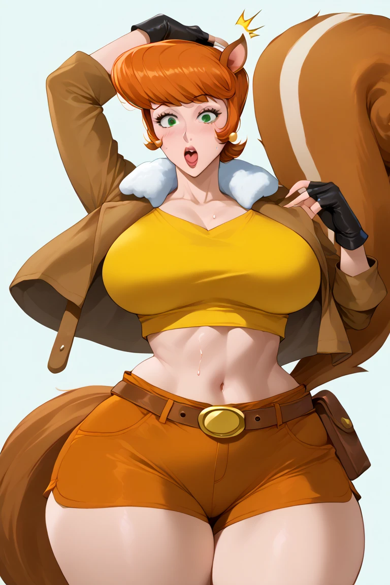princesa margarita, muslos, pantalones de cuero naranja, tacones altos, cuerpo completo, tetas desnudas, chaqueta amarilla