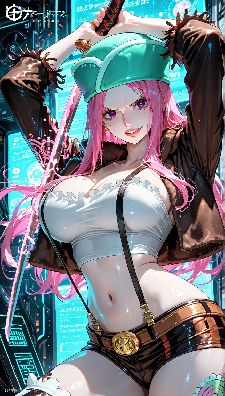 One girl,18-year-old,Excellent anatomy, masterpiece, Highest quality,Realistic, hyperRealistic, 16k hdr,(necklace,Cleavage,damaged body,Sweat,Beautiful Face,Mature Woman,Muscular Paladin,torn costume,arm guard,Leg guards,Pauldrons:1.2),(blush,anger,Sign around the neck,Wood Board,:1.2),Fantasy World,Outdoor,village,blue sky,(Surrounded by many vicious horny goblins:1.3),From above、(Wearing a white tank top:1.5)、(Black mini skirt)