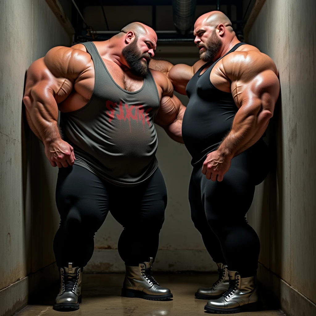 gym lockerroom, full bodies view , 3 different white european oversized massive handsome over-bodybuilded males with clean shaved undercut haircuts, totally over-bloated shoulders, pecs, biceps and abs, 976 kg of swollen roided muscles, admiring each other's infinitely muscle maxovergrowth. arrogantly flexing triple-biceps. much hairy, wearing white lycra sport shorts and white socks, no shoes, feeling each other's round inflated pecs, their white socks must be seen
