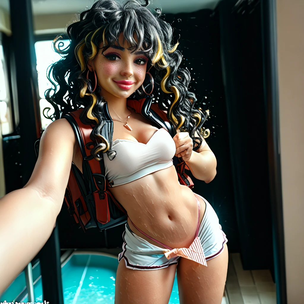 Latina girl in bikini dark curly hair grey bikini