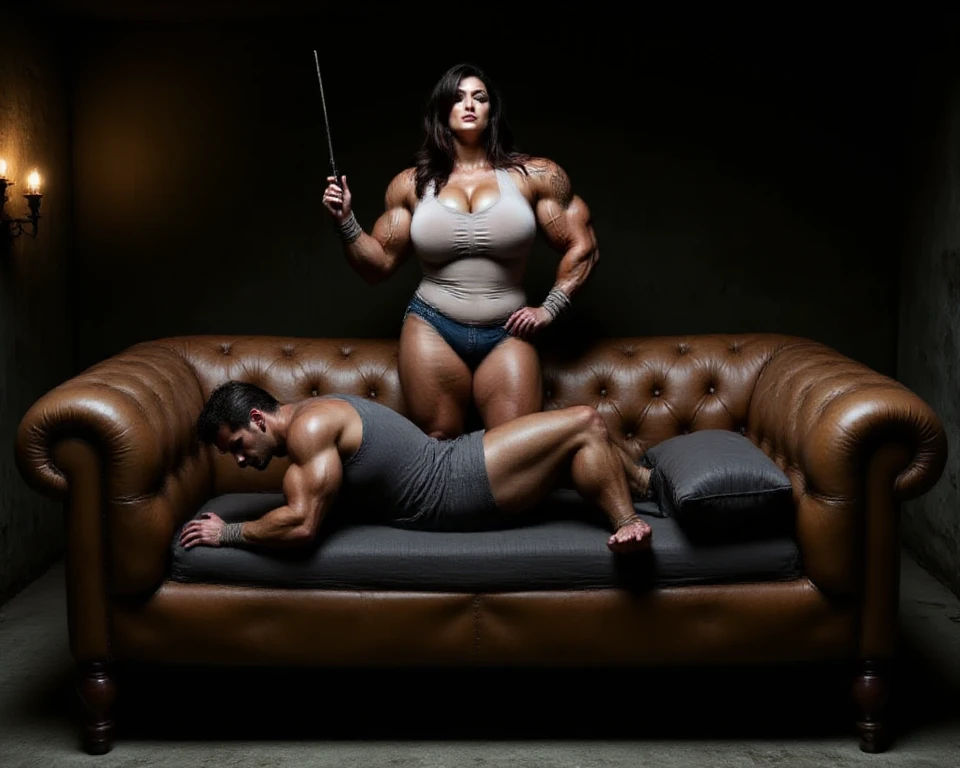 "A powerful and confident female athlete, with a body sculpted like a Greek goddess and chiseled abs, stands towering over her boyfriend, who is now in a weakened state, tied to a chair, and covered in sauce. She throws her head back and laughs maniacally as she watches him struggle, his body limp and smeared with the remnants of the food she forced him to consume. His eyes flutter weakly, barely conscious, as he slumps in the chair, his large, soft belly hanging down to his knees. The room is littered with fast food wrappers and containers, symbols of his torment. The athlete, still gripping a dripping cheeseburger, taunts him further, her laughter echoing in the room, emphasizing the stark contrast between her dominant, muscular physique and his flabby, helpless form. The lighting dramatically highlights the differences in their conditions, underscoring the intensity of the power dynamics in this twisted relationship."
