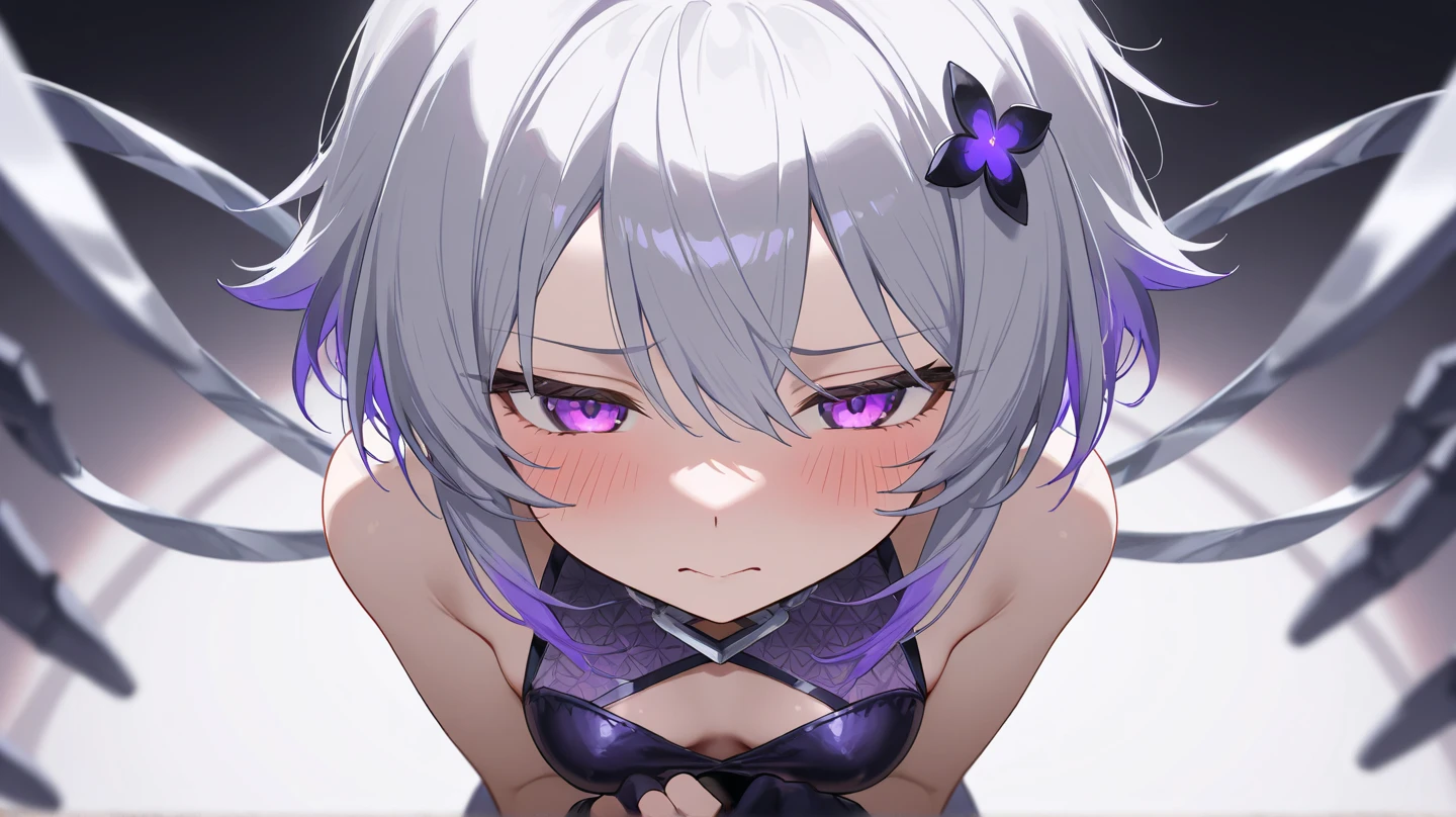 NSFW,small breasts,silver hair,hair above one eye,pink eye magical girl costume,removed sleeve,Corruption,beret,ribbon,Heart Pendant,earring star piece,best image quality,highest quality