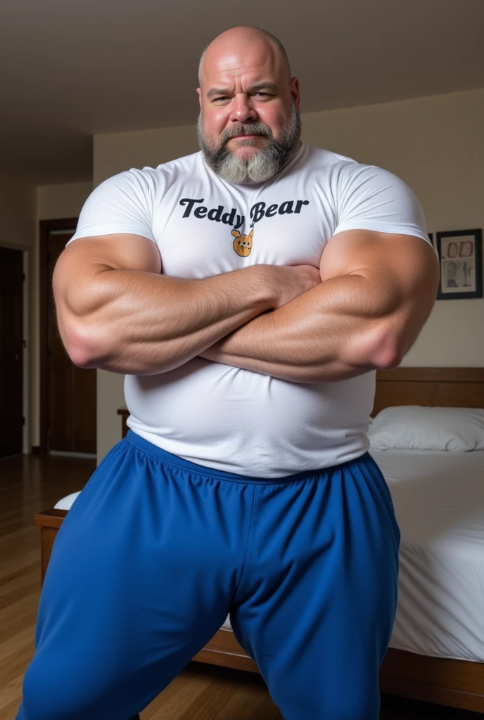 2 Vietnamese grandfathers with gray hair, old man face, a thick gray mustaches, a short gray chin beard, strongman body, wearing a massive bulging gray jockstraps stand in bedroom, have belly, big muscular chest, a sexy pose, show full body.