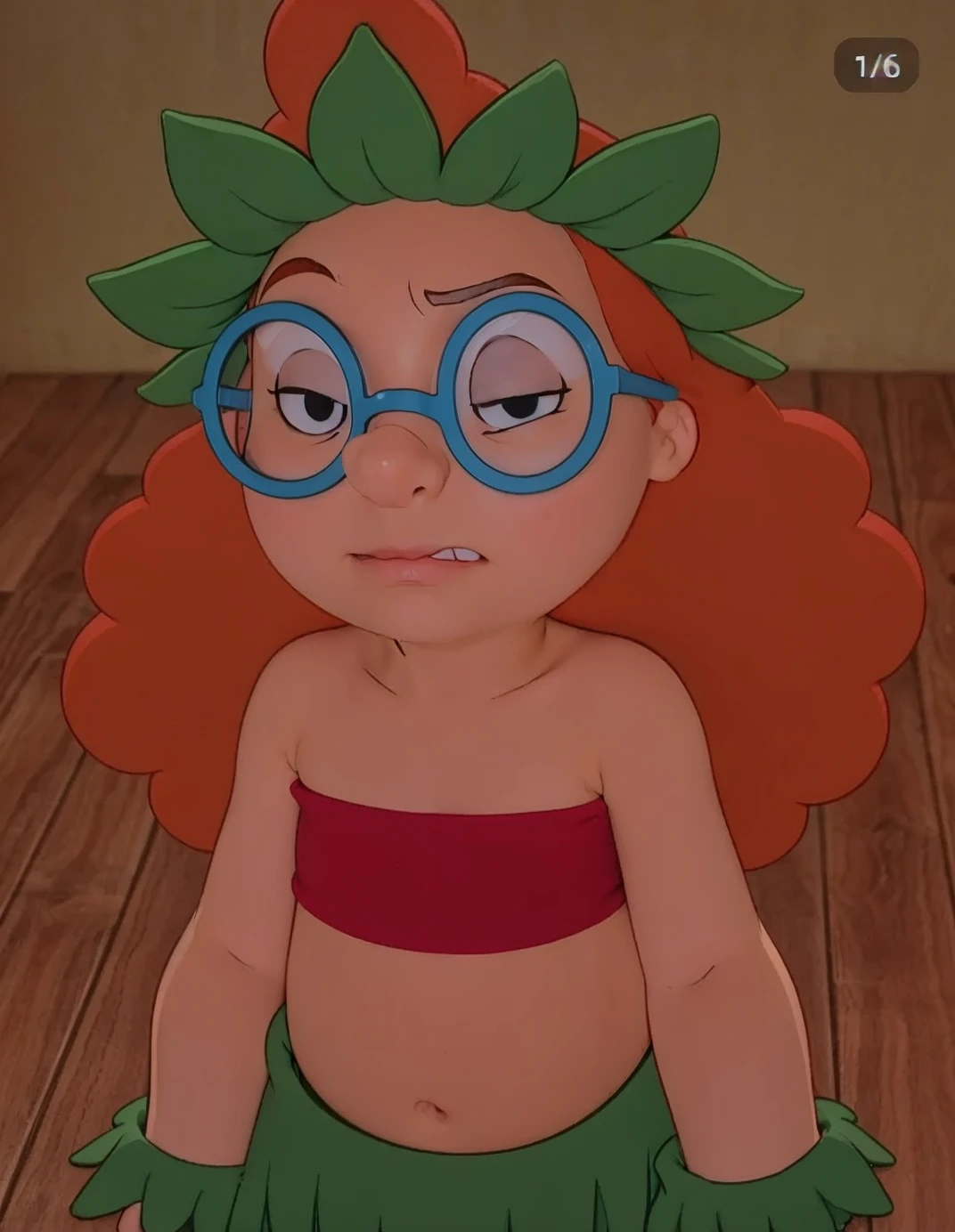 rating_explicit, Mertle_Edmonds, 1girl, little_child, female_child, curvy orange hair, long hair, round green glasses , (completely nude:1.2),pussy,niplles,room, looking at viewer,  chubby, full body,  smiling, shy, score_9, score_8_up, score_7_up, score_6_up, score_5_up, score_4_up, 