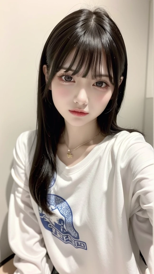 Melhor qualidade, 8K, There is a woman with long hair sitting on a bed, Ulzzang, cabelo longo com franja completa, cabelo longo com franja, penteado com corte hime branco, Sakimichan, franja longa e reta, cabelo preto longo com franja, ela tem cabelo preto com franja,  coreana, cabelo longo e escuro com franja, cabelo arrumado com franja, 8K))