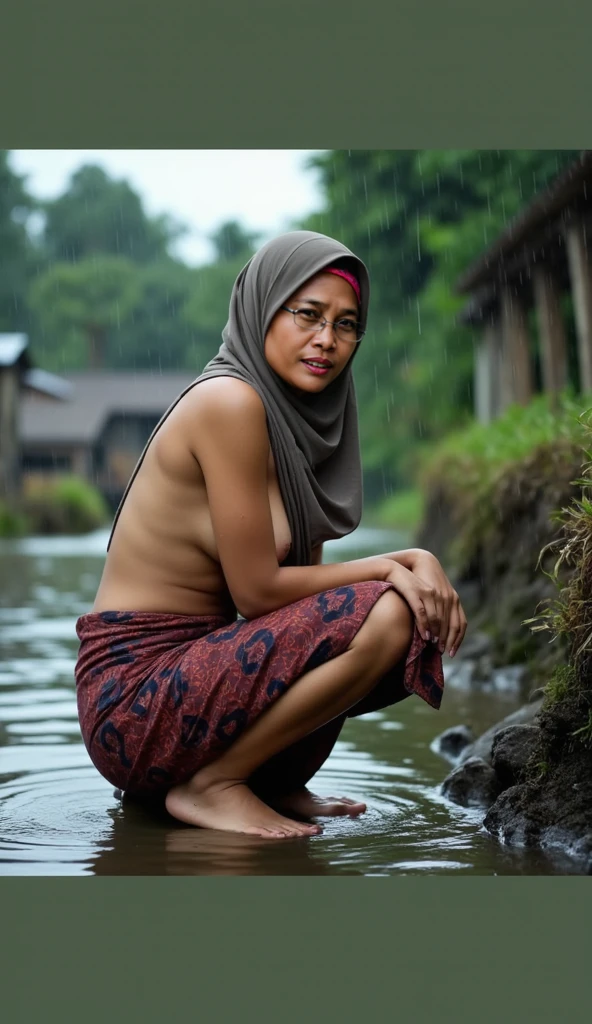 malaysian girl, 10 years old, wearing hijab, cute, adorable, baby face, sitting, on a dirt road, night scene, raining, wet, small breast, small nipples, flat chest, flat stomach, thin body, smiling, showing one armpit, spreading leg, wearing spectacles