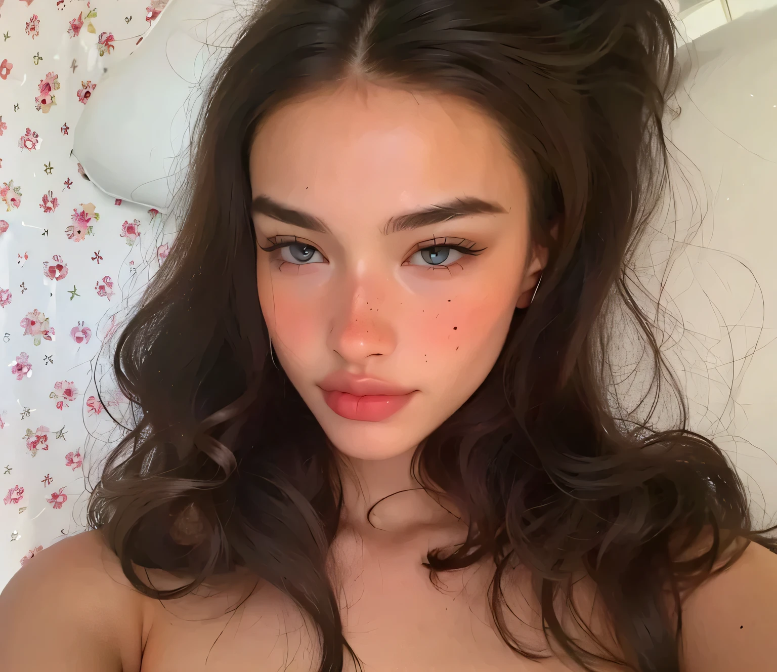 18 years old, brunette, straight long hair, realistic, instagramart, sexly, big natural tits, freckled, earring