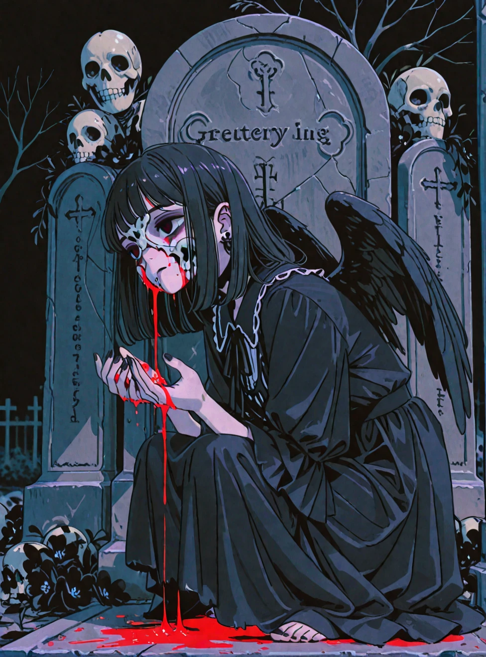 The dark graveyard、Candle、Blood pool、blood droplets、Swirl、Numerous highlights、Painting:Junji Ito