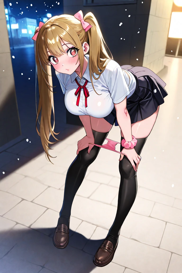 masterpiece, Best quality, High resolution, Festive brown eyes, Glossy blonde, dull bangs, Uniform, Mini skirt, Socks, Cowboy shots, Dress lift: 2, Show off panties, very sheer panties, very embarrassing, troubled expression, kneeling, standing kneeling, spreading legs, legs open, squatting, skirt fluttering in the wind, from below, focus on the waist, twist the skirt, Lifting skirt, sweat
