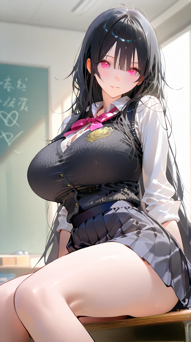 (5fingers, peace sign:1.6), high resolution, extremely detailed CG, unity 8k wallpaper, super detailed skin, perfect anatomy, detailed, cinematic lighting, dynamic lighting, beautiful detailed eyes, one girl, cowboy shot, (black long hair, blunt bangs, black eyes:1.5), (arms behind back:1.2), (smile:1), (beautiful girl, delicate girl:1.3), (milf :1.8), curvy body, extremely fine-grained clarity, (symmetrical eyes:1.3), (metallic bikini:1.4), (gigantic breasts:1.2), (Eye and face details:1.0), gleaming skin, looking at viewer, (studyingroom, desk, :1.6)