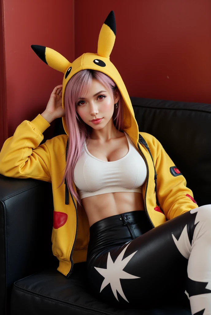 PUNIPUNI, a beautiful Pink hair gamer girl, beautiful detailed Blue eyes with (Sparkling Highlights:1.28), beautiful detailed lips,extremely detailed eyes and face,longeyelashes,in a (((Yellow Pikachu hoodie))) (Moe Sleeves:1.2), (Professional photo:1.37), Huge breasts (Overflowing Gigantic cleavage:1.28) close up down blouse, (perfect lighting) navel, Radiant PearlSkin with Transparency, Dynamic Joyful Expressions LifeLike Rendering, ((Lying Back from Directly Above:1.2)) bedroom