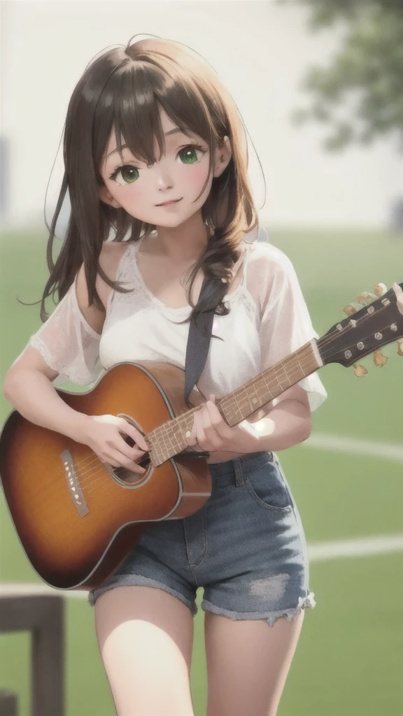 (masterpiece), (highest quality), (Super detailed), (whole body: 1.2), 1 girl, Little, cute, smile, closed your mouth, facing forward, looking here, outdoor, playing the guitar, music, have a guitar, blush label, wood, 3, Jacket, shirt, brown hair, light brown eyes, bright eyes, (beautiful detailed face), (beautiful and fine eyes), Blur.