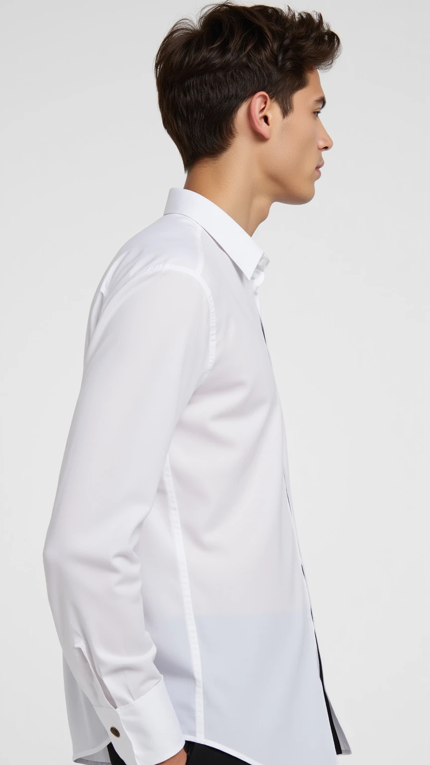 A cute, beautiful, black-haired male twink guy wearing a fancy white long-sleeved shirt and aqua blue pants. He is in his graduation speech, speaking while looking proud.