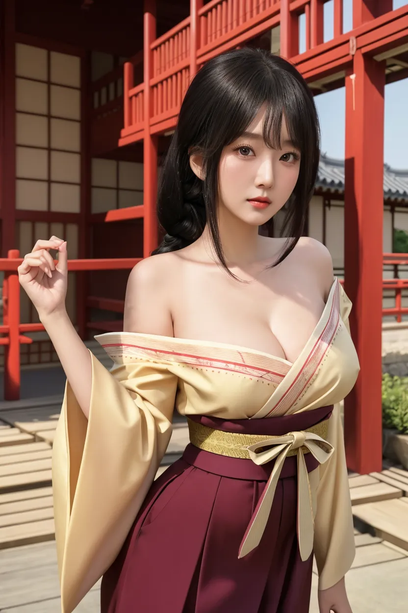 debris flies, highest quality, Super detailed, finely, High resolution, 8k wallpaper, perfect dynamic composition, finelyて美しい目,kimono,long hair, big breasts, natural color lip, random sexy pose,smile,shrine、looking at camera、20 year old girl、