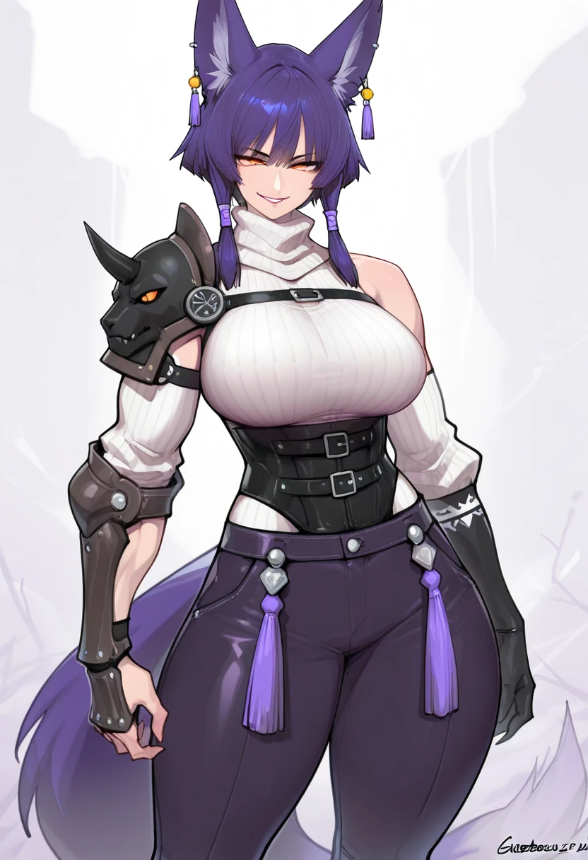 (High resolution, best quality, masterpiece), detailed, ultra detail, 1female, physically fit, curvy, slender body, fierce expression, dark eyes, (detailed eyes), Purple hair, short length hair, full body, ((dragon horns)), ((face: dragon scales)), face covered in scales, ((topwear: fur lined coat, bottomwear: tight jeans)), snowy background, part draconic, somber expression, inhuman, reptilian skin
