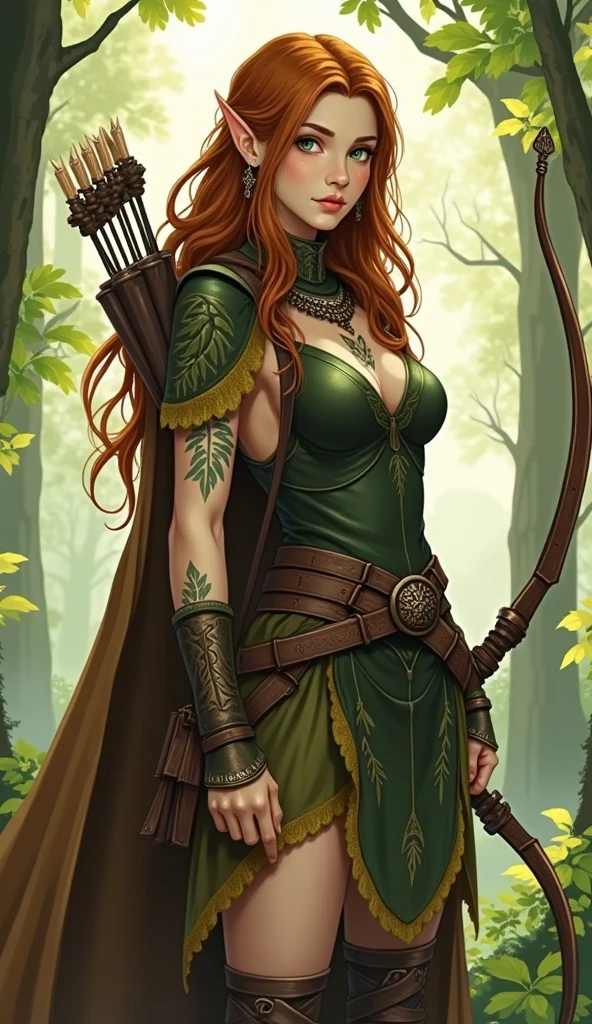 Sisters with red hair and tattoos holding a staff in a forest, beautiful female druid, attractive elf druid, portrait of a female druid, druid goddess, seductive elf druid, female druid, muscular female druid, fantasy character art, forest huntress lady, dryad martial artist, fantasy characture portrait, cute wooden elf, tyler edlin fantasy art