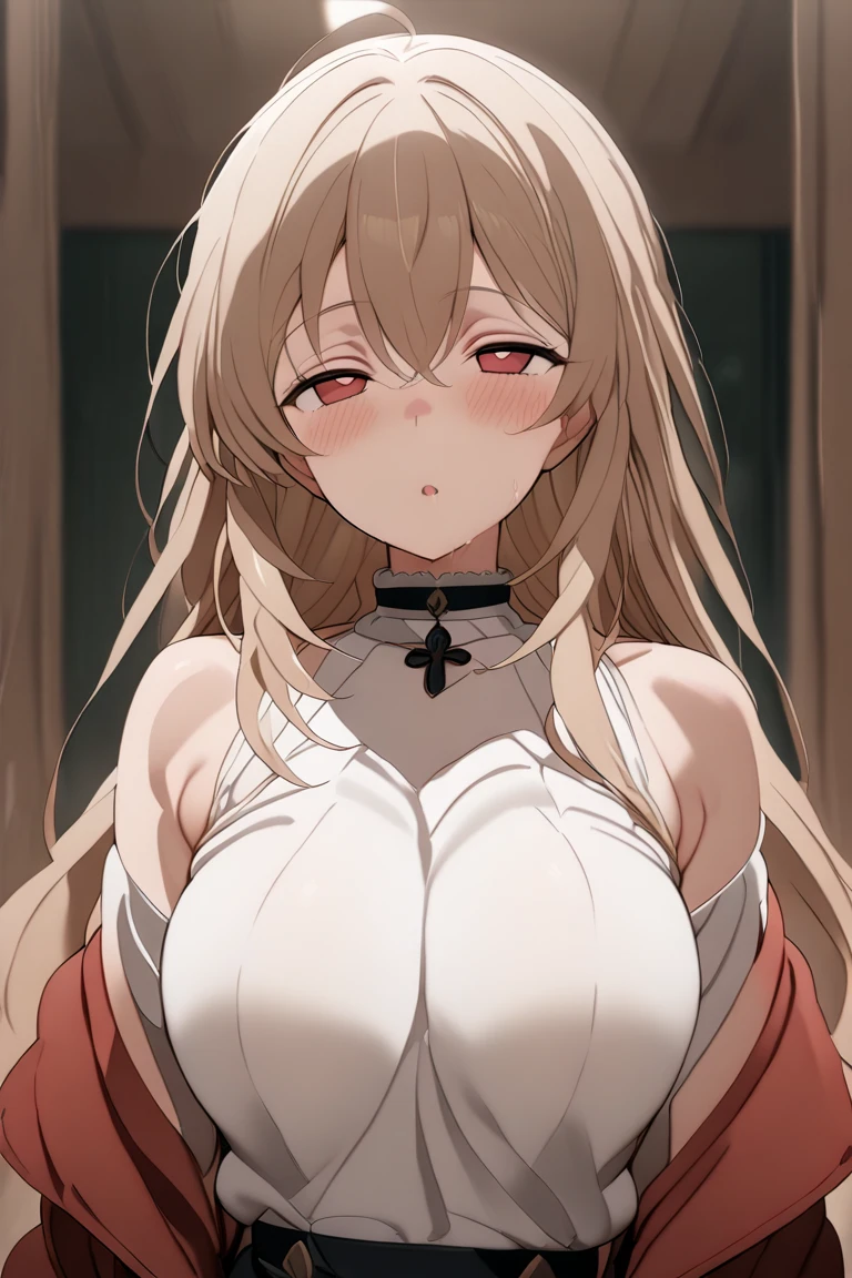 blonde hair,long hair,yellow eyes,big breast,(((naked))),liyng,(((blush,red face))),collar,leash,((sweat,covered in cum,after sex,overwork, fatigue, exhaustion, exhaustion, overwork, prostration, weakness,)),((((empty eyes:1.5),squinnying,tears,cry))),on the bed,in the dark room
