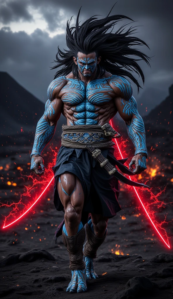 Kalki avtar holding light swords futuristic tuch full body male charecter 