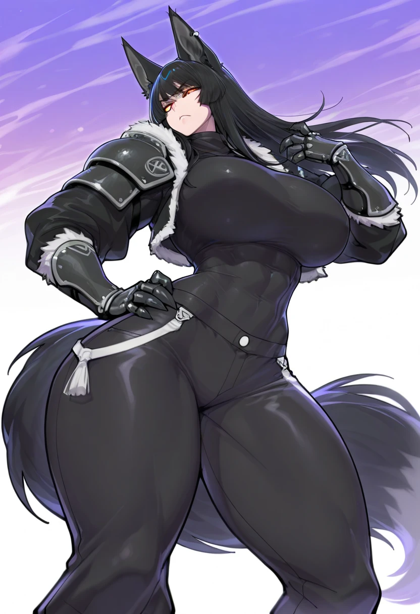by darkgem, by duase, by BNG, by sligarthetiger, solo, 1girl, sergal, anthro, female, older woman, bodybuilder, muscular, thicc, heavy, (white fur:1.5), (black hair:1.3), (huge hair:1.2), silver streaks in hair, furry body, wide body, wide hips, muscular thighs, thick thighs, big arms, (huge breasts:1.1), (heavy breasts:1.3), nipple outline, highly detailed eyes, milf, latex corset, cleavage, large areolae, latex leggings, bare midriff, knee boots, Masterpiece, best quality, absurd res, highly detailed, cleanly drawn eyes, park environment, cute smile, standing upright, casual posture, buff, hands on hips, tall, amazon,