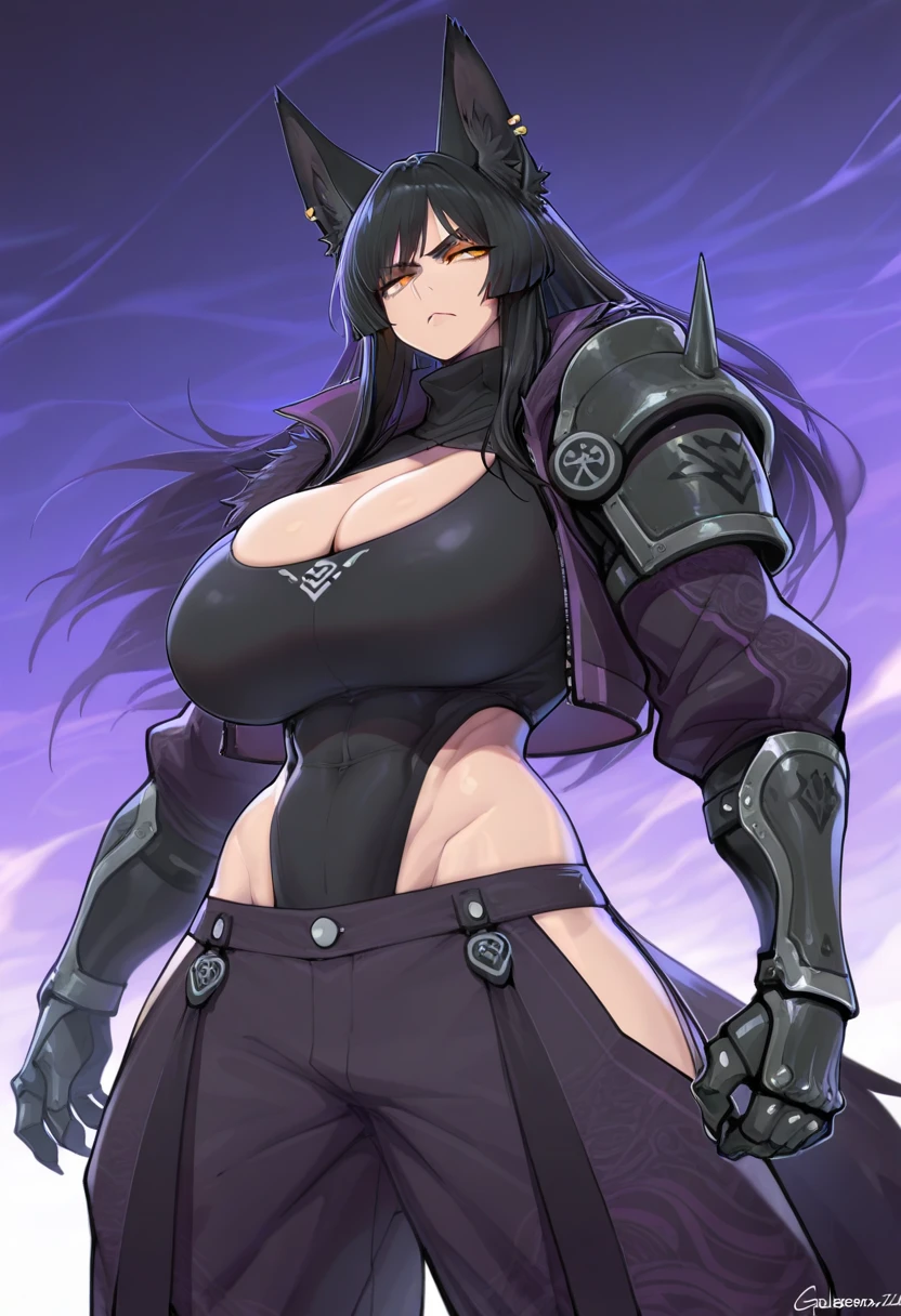 ((1 Mother, big flat hair, with ponytail, although she is dressed very differently than you are used to)),((she wears a long fur cape, and her neck and arms are covered in fur) ),((with her enormous breasts almost spilling out)),((green leather lining this is pathetically the only covered part of her that is covered)),((since her breasts and genitals are only completed by a few curved pieces of armor that doesn't leave much to the imagination and see the areolas showing and a strand of pubic hair))