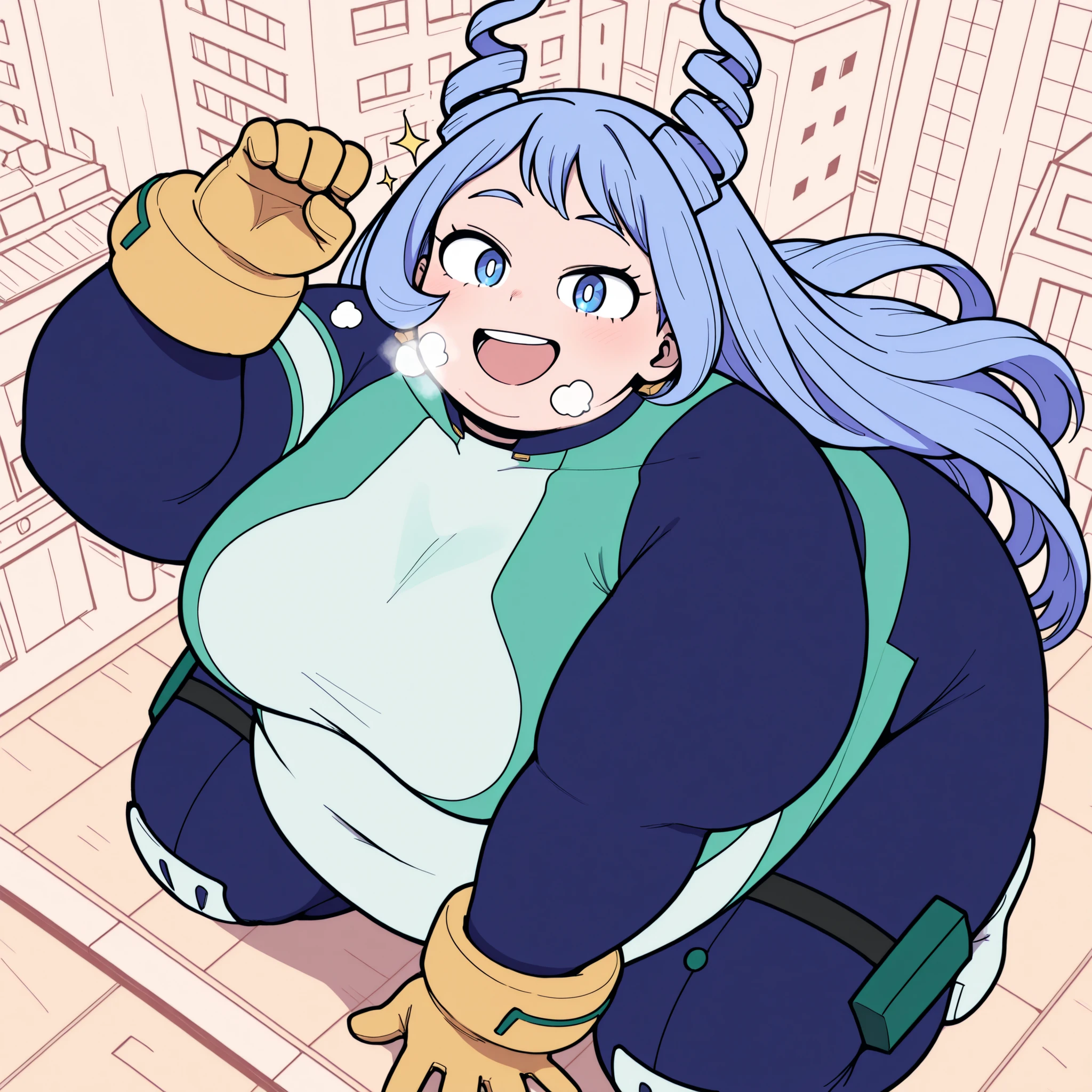 high resolution picture, masterpiece, best quality, amazing quality, official art, hado_nejire from My Hero Academia , 1girl,nejire hadou, blue eyes, blue hair, long hair, medium breasts (flat colors, pastel colors) , smug, , blue bodysuit, bodysuit, drill hair, gloves, green bodysuit, multicolored bodysuit, multicolored clothes, yellow gloves, horns, outdoors, cityscape, looking at viewer, dutch angle, cowboy shot, flying fat, chubby, obese, gigantic arms and legs, large breasts open mouth, out of breath, from above, sparkle, crouching, all on fours, cat pose,