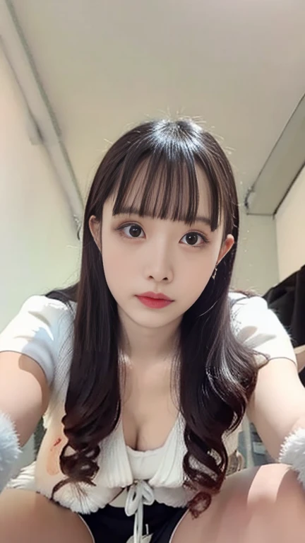 realistic, thin 1girl, solo, looking at viewer, part lips, hair rings, (crop shirt, under boobs:1.3), blue shirt, white scarf,bow, detached sleeves, skirt, thighhighs, bare shoulders, dance:0.3, wide angle, close up,<lora:konosuba_aqua-10:0.9>, pantyhose, airin <lora:airin:0.9>