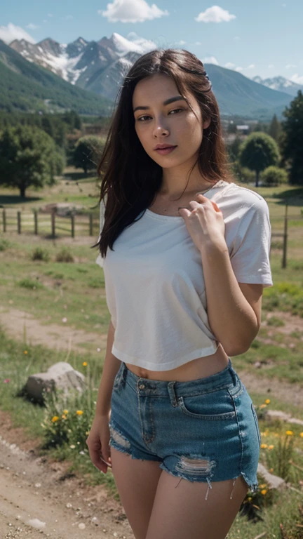 masterpiece, best quality, (photorealistic:1.4), bikini, t-shirt, see-through, long shirt, farm, barns and silos, working fields, rural, full body, standing, a photo of a beautiful woman, (skinny:1.2), fit, big eyes, black hair, bun hairstyle, large breasts, <lora:bikini_under_clothes_v0.2:1>