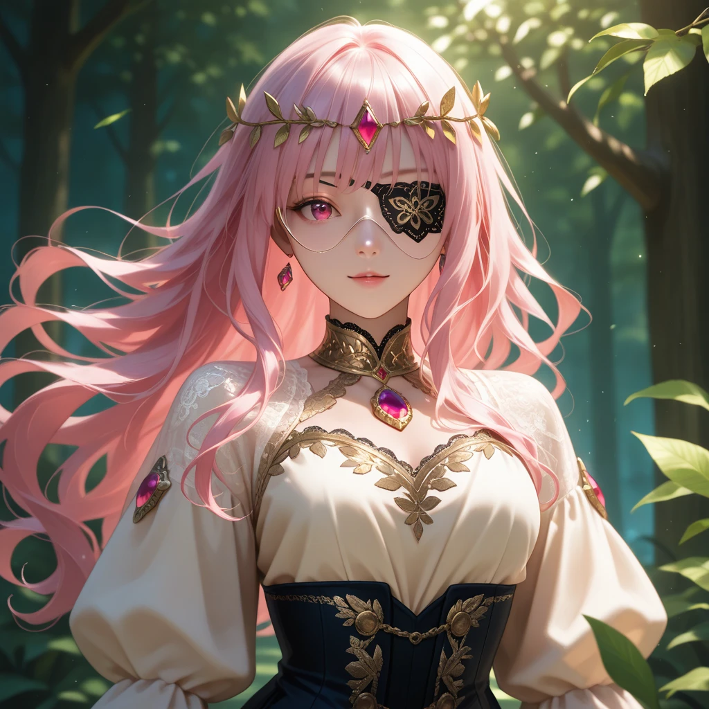 highres, sharp focus, pixiv masterpiece, ((intricate details)), highly detailed, cz2128_delta , 1girl, upper body,( green eyes:1.1), long hair, pink hair, eyepatch, camouflage scarf, maid headdress, black maid uniform, long sleeves,  <lora:CZ Shizu Delta Overlord v1_2:0.8>