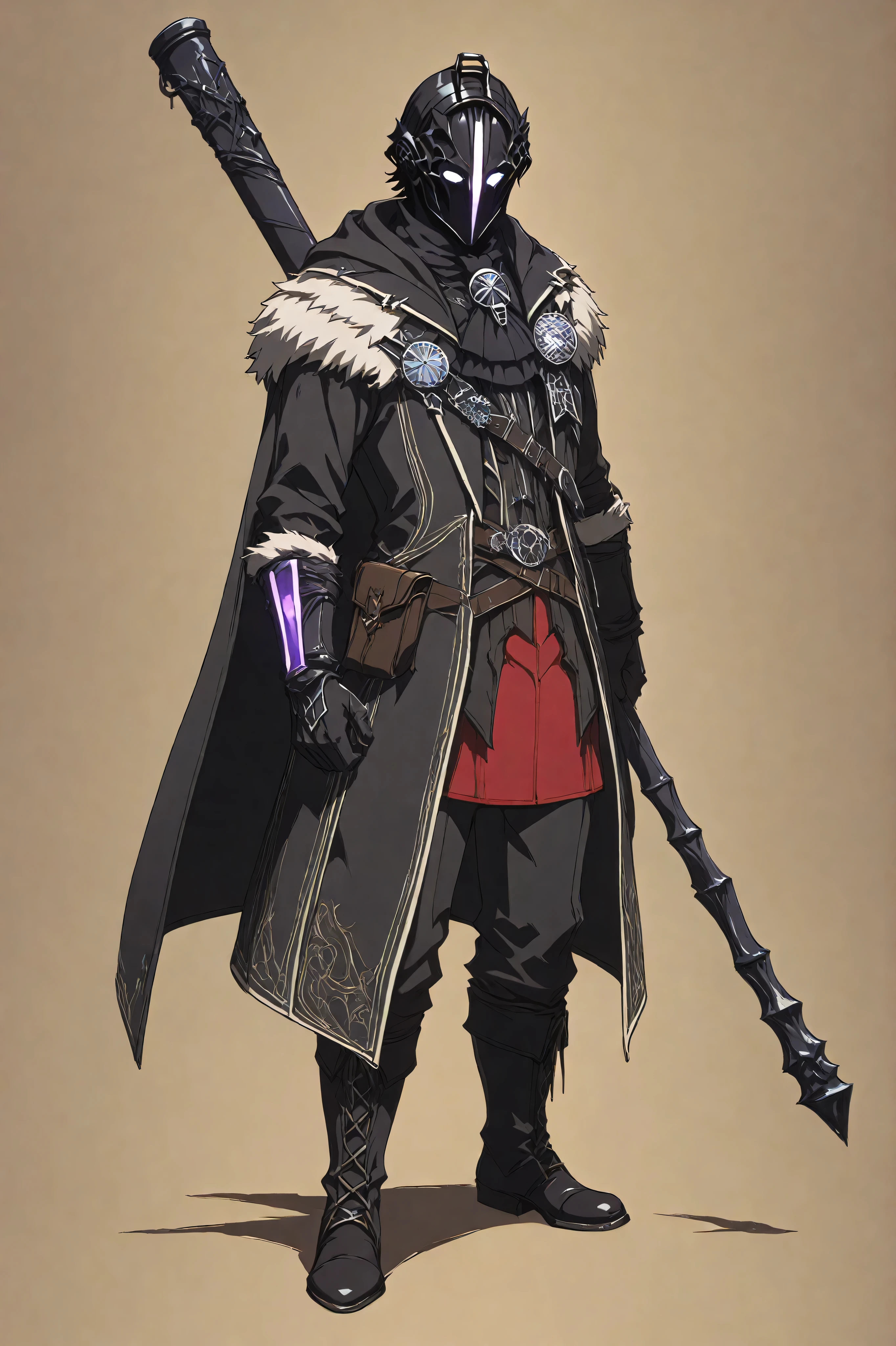 ArsMovieStill, Gothic Dark Fantasy movie still,Bl4ckR4ven4rmor, armor, black robe, bracers, boots, red waist curtain, fur shoulder armor, helmet, glowing eyes,Bondrewd, male, black coat, overcoat, ascot, black gloves, helmet, masked, long sleeves, black boots, black pants,Anime art,Midjourney style,chargen_stylised_illustration, Viking Warrior, leather Armor, Viking style, cloak, modern-medieval mix, young man, hooded, mask, cool, slim physique, anime aesthetic, smooth, warrior staff, full face mask, smooth faceless mask, bo staff, dull colors, brown, red and green, hooded, eyeless mask