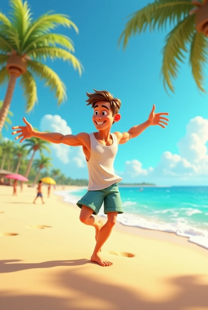 Create a young man lying on the beach, in swim trunks, with a blue box next to it, and giving a thumbs up 
