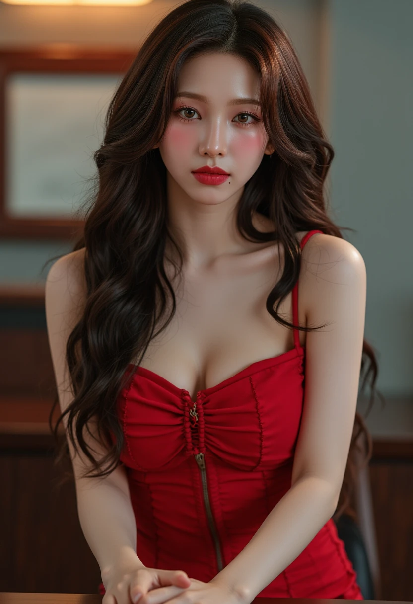 Close-up photo of a woman, red theme, red lips, Artwork in the style of guweiz by Russell Dongjun Lu Realistic Cheng Yi by Yanjun Cheng Inspired by Yanjun Cheng Realistic art style Soft Portrait Display 8k Portrait Display 8k Realistic Anime Girl Portrait Display Beautiful and realistic face, big breasts, Seen from the side, blue background