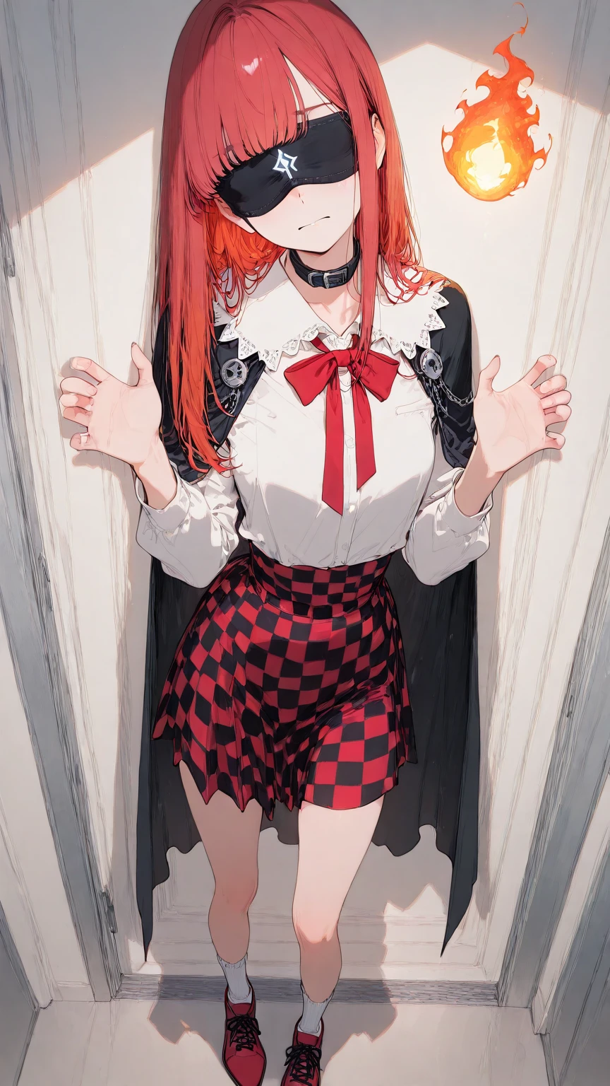 Masterpiece, best quality, amazing quality, Newest, high resolution, high resolution, Newest,
A girl with Secondary 2 disease,with a black blindfold in one eye,long straight hair scattered messy,expression with exaggerated dramatic,wearing gorgeous textured clothing,wearing exaggerated jewelry(Like metal chains、Glowing Rune、gear decorations, etc.),Wear a high-necked cape,with a white shirt as the lining,A red bow on the collar,One hand is bandaged,and the other hand is facing the camera to condense a blue fireball,, serious expression ,Mouth slightly open,like reciting a spell,is standing,Red checkered skirt, white socks,red leather shoes , fantastic vibe, whimsical soft color, pop surrealism, soft lighting,