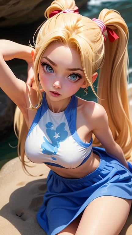 Best quality, photorealistic, super detailed, belle femme, photo de selfie, Haut de Corps, Seulement, porter un pull, en plein hair, jour, a la plage, soleil, sable, bite your lip, ciel bleu, ultra haute résolution, blonde, de 23 ans, who looks closely at the camera, jolie corps, mamelon durs, fossettes, meilleur ombre, brut, LUT Instagram, Sourire ringard, cheveux lisse, loose hair,