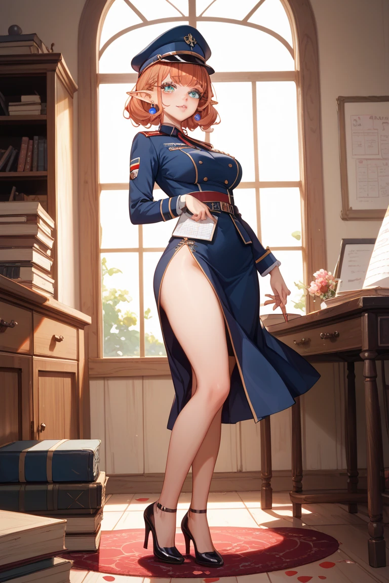 1girl, master part, best quality, Alta Qualidade, Olga_Marie, Branco_Hair, laranja_olho, cabelos longos, cabelo entre os olhos, mangas compridas, suit jacket, Ascot vermelho, vestir, saia, knee tights, cabelos muito longos, cowboy shot,