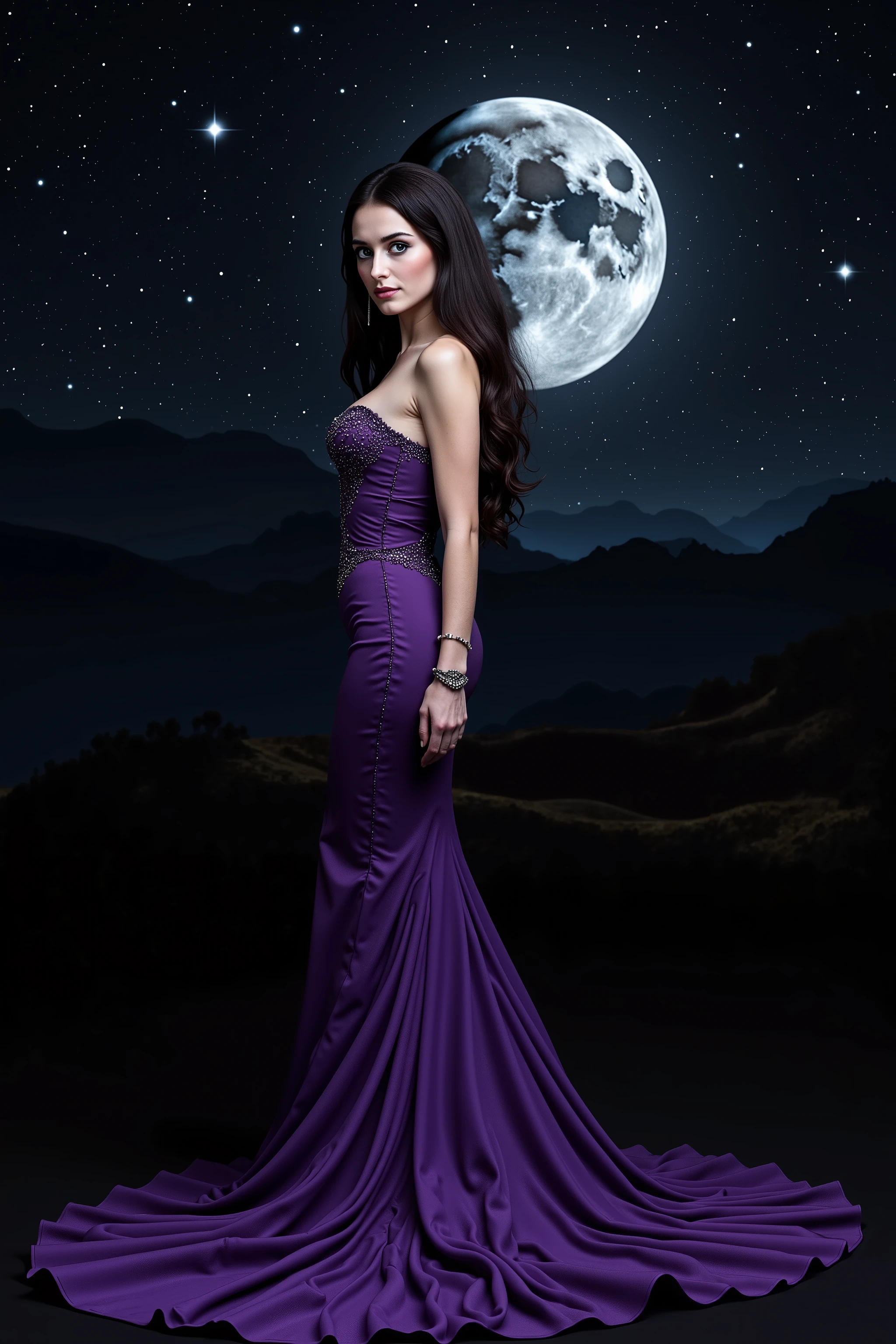 ultra-realistic, unsettlingly beautiful pale female, icon style, detailed face, very long dark wavy hair, large piercing eyes, incredibly beautiful, 8k, high quality, detailed skin, intense gaze, dramatic lighting, ethereal atmosphere, intricate jewelry, flowing dress, dramatic pose, complex background, fantasy landscape, cinematic style, black and violet mermaid style, train sweep dress, a dark background lit up by thousands of stars, and a ridiculously oversized  3D fullmoon. Gothic-style, masterpiece 