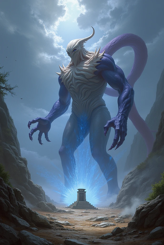 arafed man with lightning in his hands standing on a rock, fit male demon with white horns, male djinn man demon hybrid, tor from marvel, djinn man male demon, this character has cryokinesis, an epic anime of a energy man, mewtwo, full art, inspired by Yue Minjun, transforming into his final form