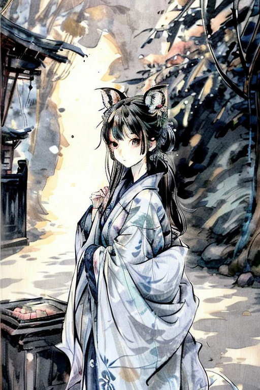 ((4k,masterpiece,best quality)), shuimobysim, Chinese painting, lotus, hanfu, maxiskit, dressed conservative 1 girl, solo, white hair, long hair, fox ears, white, bikini, fish, many fish close to the girl, looking at the audience, teasing