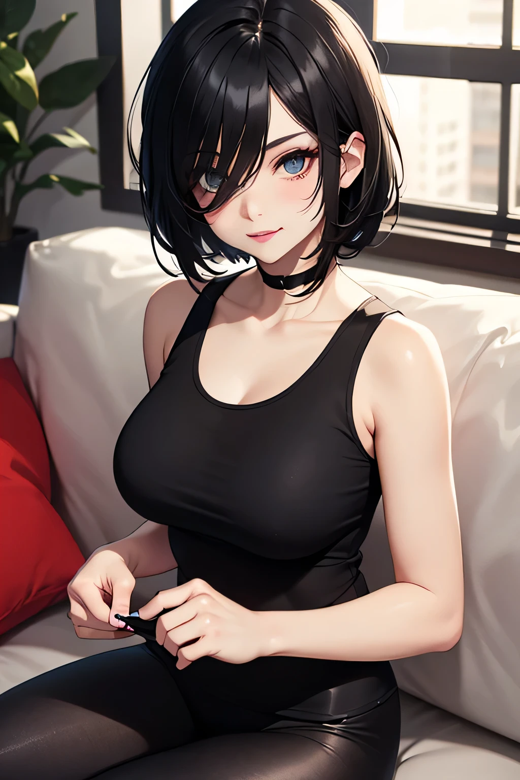 Goth woman, (goth makeup), (brown skin), (a t-shirt and skinny mini shorts), (show under boobs), (fishnet stockings), (navel jewellery), (pierced ears), (pierced lips), blue eyes, short messy black emo hair, (living room background), thick thighs, medium breasts, (8K), (wallpaper), (dynamic lighting), (detailed face and eyes:1.2)