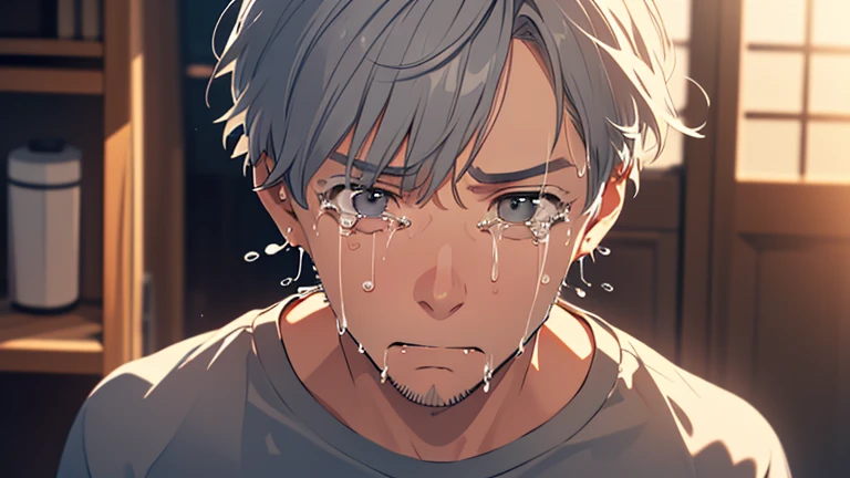 [(Black background:1.5)::5],(sobbing :1.5),  One boy, Highest quality, Game CG, Black and white two-tone hair, Blue eyes, White Shirt, Put your hands on your face、So that the whole can be seen
