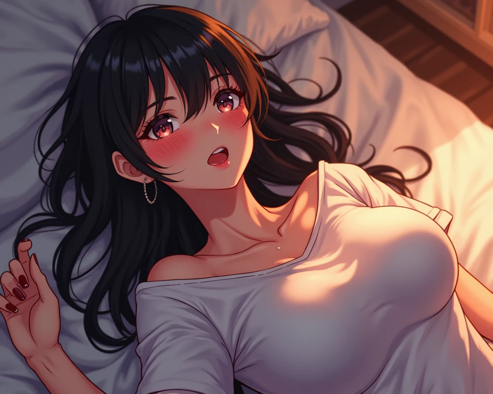 bed, lying on back、Shooting from above、wearing an oversized men's shirt. The shirt is too large for her, giving a baggy and loose appearance. (night:1.5), upper body, (pale skin: 1.2), shiny skin, shiny hair、(A 25-year-old woman with medium-length hair and bangs) and (wavy hair) and (brown hair) and (orange eyes) , (embarrassed:1.5), bedroom、Alone、
