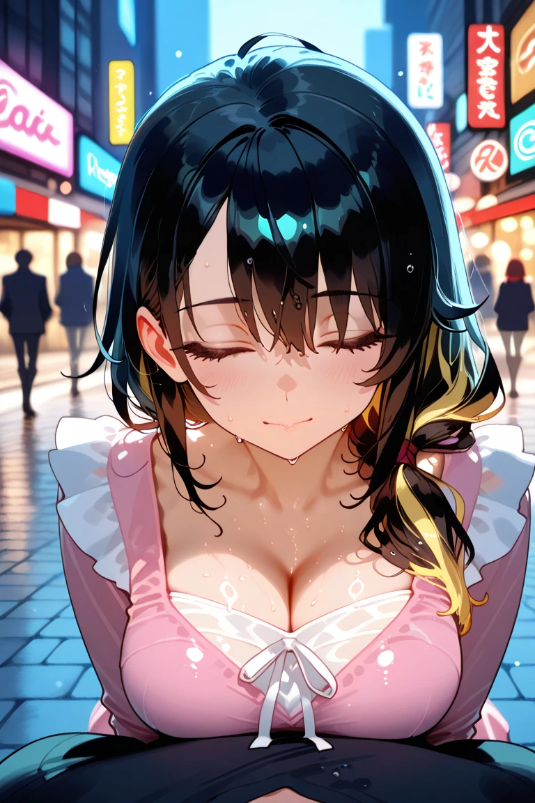 woman,20-year-old,,city,night,(((sexy silk dresses))),,open mouth smile(())(See-through),(()),((black hair)),blush、surprised face,((())),(())(wet with sweat)