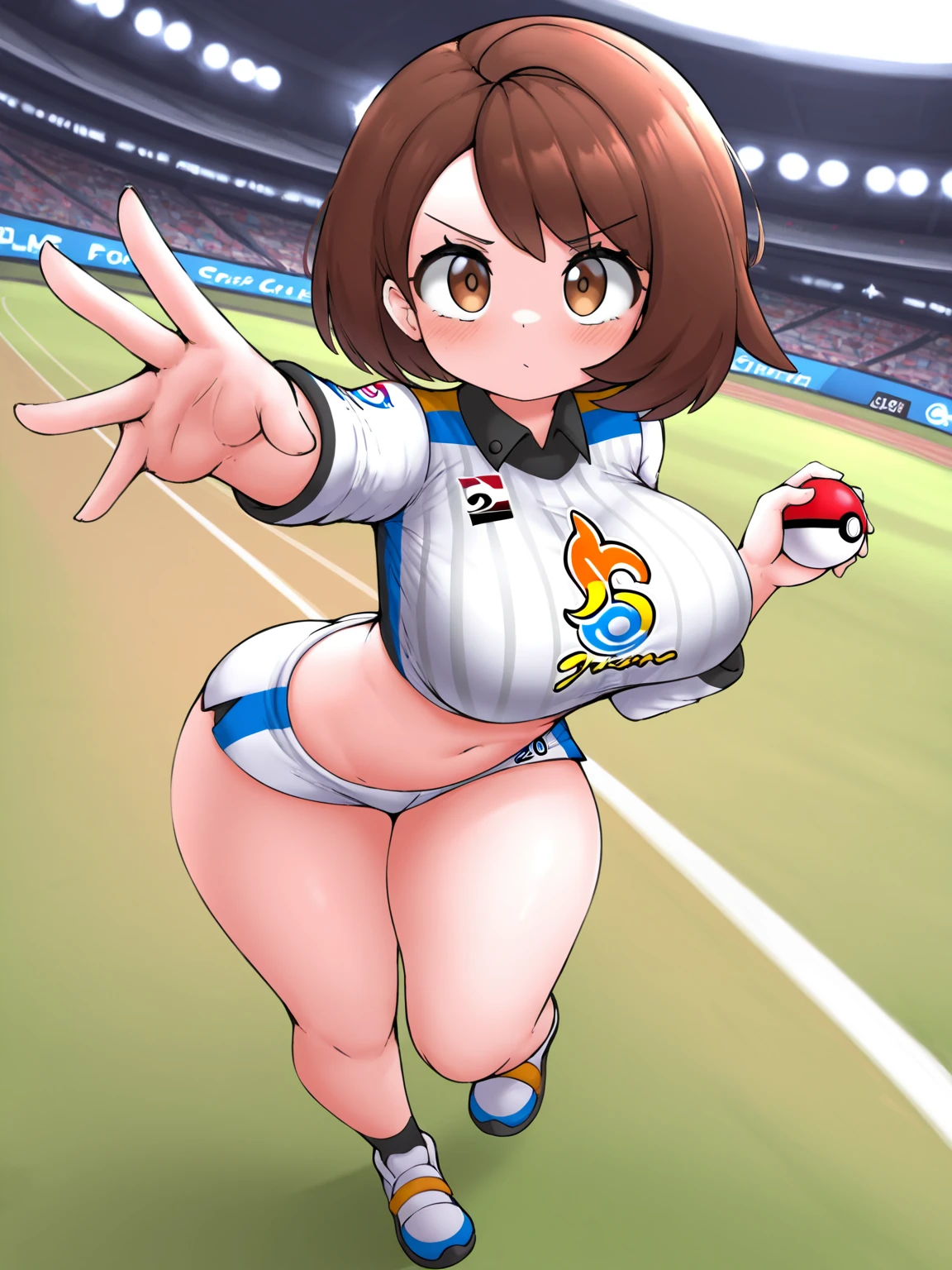(best quality, high resolution, masterpiece: 1.2), ultra detailed, realistic: 1.37, sketches, hilda pokemon, def1, curves, visible thighs, plump thighs, close-up thighs, body shape, excited horny beloved look, smile , open mouth, excited female charm, nsfw, oral sex pose, after a bukkake, in a stadium, dynamic pose, ((bare breasts:1.6)), exsessive semen,