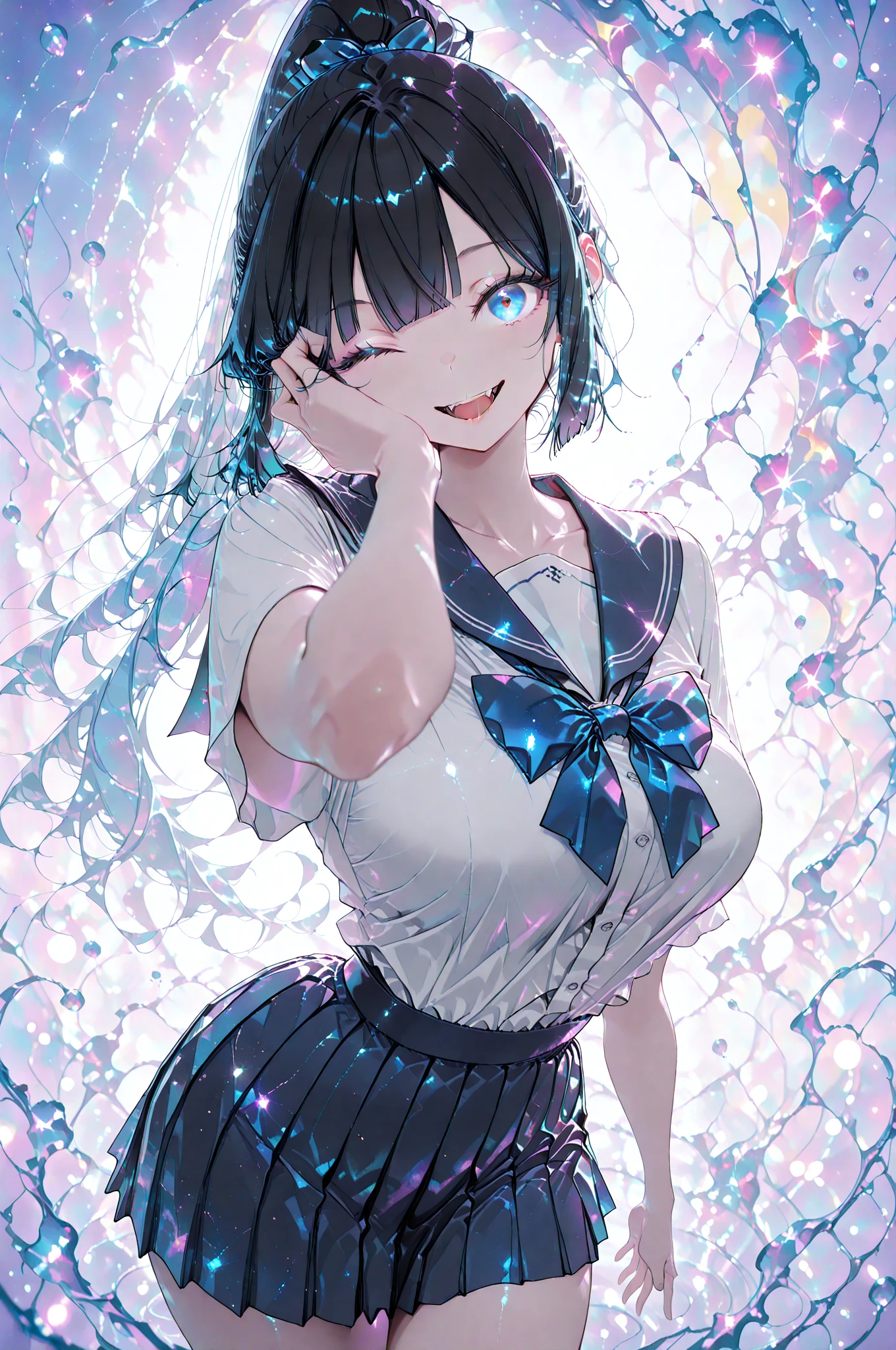 anime風のかわいい女の子,High resolution,Black Hair,Bob,fine,Active,Beautiful purple eyes,smile, A big smile、Short Hair、Light purple eyes、Beautiful eyes、Character portrait、Cute pose、Cute clothes、Sailor suit、Round eyes、Long eyelashes、anime、Shining Eyes、Cute face、楽しいsmile、Open your mouth、Fashionable clothes、Simple Background、so beautiful、Active、Only black hair、Swimwear