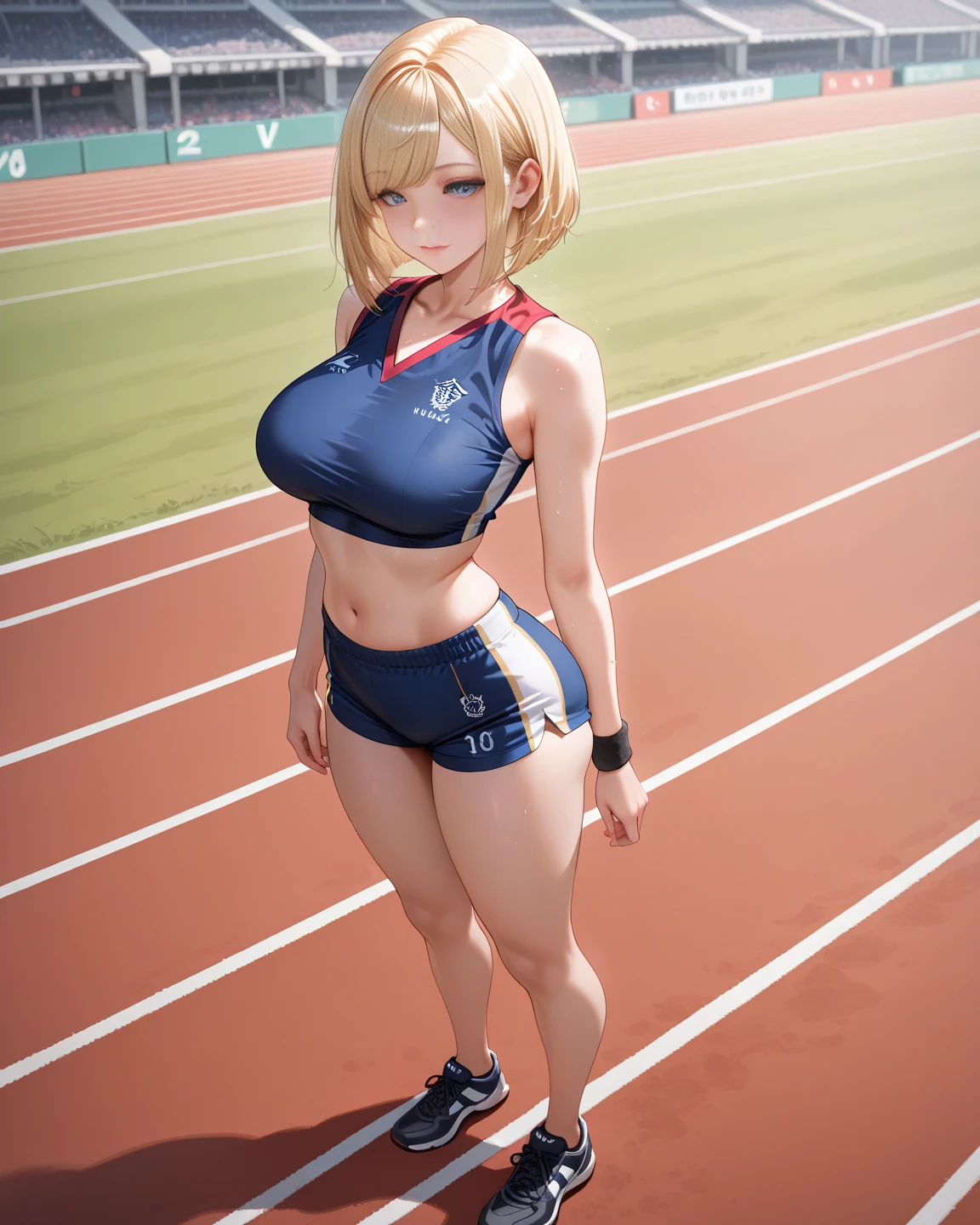 (masterpiece、Highest quality、))、beautiful detailed eyes ultra-detailed、girl , Gray Hair、Ahoge、Long Hair, Blue eyes、ponytail 、big breasts、blurry background、bashful、pinup, Sports field、School building, track and field wear、tanned skin、tanlines、stomach cutout,stretch、full body,sneaker、spread legs,