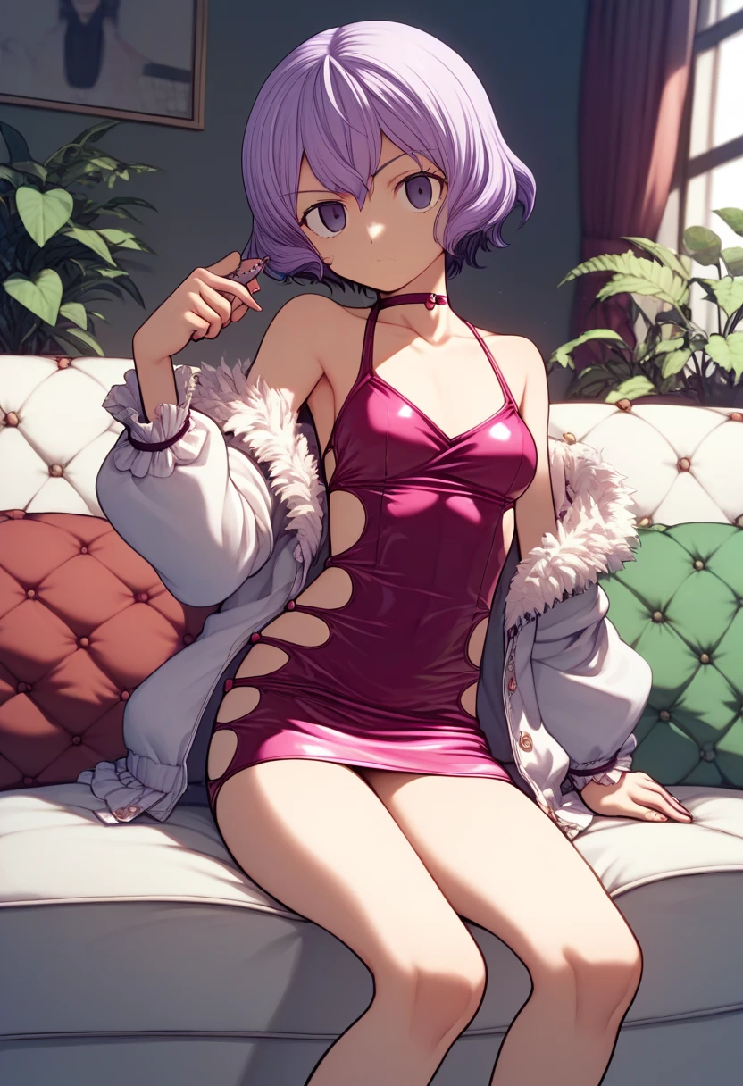 1girl,solo,simple background, huge breasts, purple heart promise, black dress,sitting on sofa , blush,no_panties, <lora:PurpleHeartPromiseV1:1>,barefoot,light smile, hand on own chest,