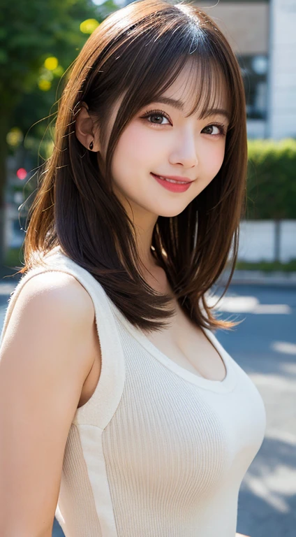 masutepiece, Best Quality, Illustration, Ultra-detailed, finely detail, hight resolution, 8K Wallpaper, Perfect dynamic composition, Beautiful detailed eyes, Women's Fashion Summer,Medium Hair,small tits,Natural Color Lip, Bold sexy poses,Smile,Harajuku、18 years girl、Cute、Sexy shot looking at camera, Large Breasts, Slim Body