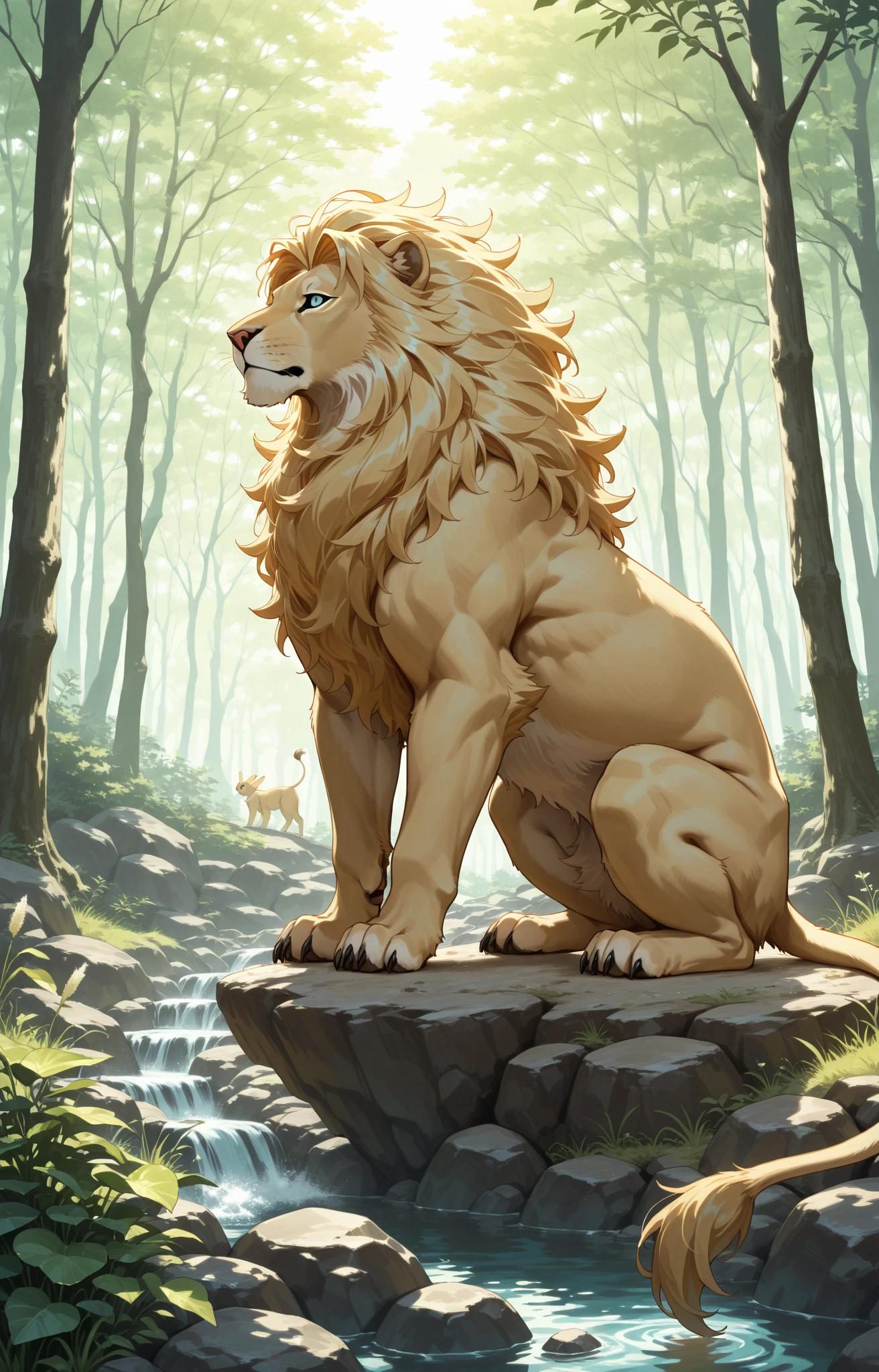 ultra-detailed, masterpiece, masterwork, high quality, best quality, hdr, (nature), nsfw, male, solo, lion, ((nude)), (little white body lion), (long silver hair, yellow eyes), squatting, dynamic angle, (foreskin, perfect balls), public hair