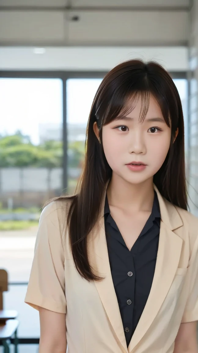 8K, ultra-realistic, highly detailed, photo-like. Natural cinematic lighting, soft shadows, lifelike skin texture, shallow depth of field.
A Japanese high school girl with black bobbed hair, wearing a school uniform. Looking directly at the camera with a soft, natural expression. Youthful skin, realistic features. Chest-up portrait from the front. The background is a slightly blurred classroom or school building. (((Fully clothed))) (((Age-appropriate natural face))) (((No excessive beautification))) (((Clean, realistic school uniform)))

