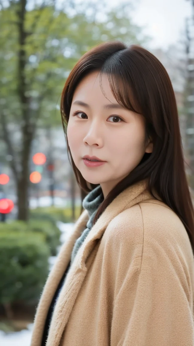 8K, ultra-realistic, highly detailed, photo-like. Natural cinematic lighting, soft shadows, lifelike skin texture, shallow depth of field.
A Japanese woman in her 40s wearing warm winter clothing. Calm expression, looking directly at the camera. Wearing a scarf and a heavy coat, as if standing outdoors in winter. Natural skin texture, age-appropriate facial features. The background is a softly blurred winter urban scene. (((Fully clothed))) (((No excessive beautification))) (((Realistic and mature face))) (((Upper body chest-up portrait)))